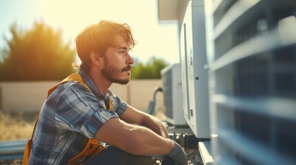 Poster - HVAC technician working on air conditioning outdoor unit at home. Generative AI.