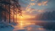 © visoot - A beautiful sunrise over a frozen lake after a bleak midwinter. pine trees. Generative AI.