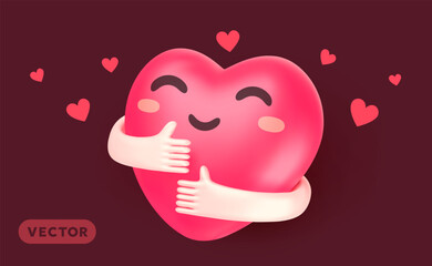 Wall Mural - Vector cartoon illustration of cute happy heart character with smile and hand hug self on dark background. 3d style design of self care and love yourself. Embrace heart symbol for world day holiday