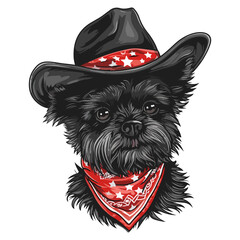 Affenpinscher Head wearing wearing cowboy hat and bandana around neck