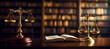 © David - Banner of the scales of justice and law books short depth of field, empty space in middle for possible text