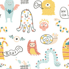 Wall Mural - Monster Halloween seamless pattern with lettering. Cute cartoon characters in simple hand-drawn Scandinavian style. Vector childish funny doodle illustration. Baby clothes, textiles, fabric.