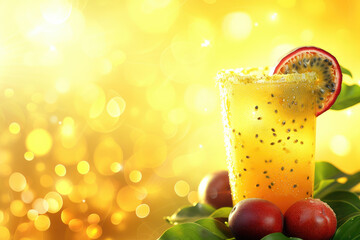Wall Mural - Fresh passion fruit juice in a glass and fresh passion fruit on yellow bokeh background