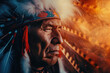 Native American man with feathered headdress, nature background