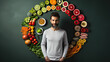 A man with different healthy foods in the background arranged in a cross