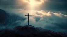 Crucifix In A Dramatic Mountainous Environment. Atmospheric Christian Concept.