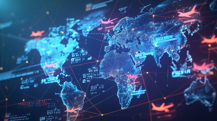 Visualizing the pulse of the global economy: Interactive digital map with detailed icons representing ships, planes, and cargo containers across futuristic global trade routes.