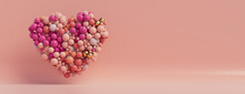 Multicolored Balloon Love Heart. Pink, Orange And Gold Balloons Arranged In A Heart Shape. 3D Render With Copy-space. 