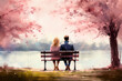 Mann und Frau sitzt auf einer Bank im Frühling an einem See