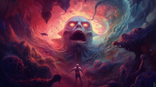 Cosmic Horror Images, Big Head, Dreamy Atmosphere, Soul-winding Background, Scary Scenery, Abstract Art, Concept Art, Concept Illustration, Digital Art