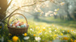 Easter Eggs in Wicker Basket Amidst Spring Blossoms.
Pastel Easter eggs nestled in a basket with blooming spring flowers.