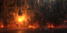 Old Eerie Room With A Swinging Light Bulb Peeling Wallpaper And Blazing Fire. Concept Abandoned Haunted House, Creepy Atmosphere, Vintage Decay, Flickering Shadowplay