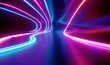 3d animation. Abstract background. Blue pink neon stripes and ribbons appear, slide on curvy trajectory from center to the sides and disappear. Modern, Generative AI