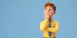 © Reeta - 3d render. Cartoon character cute young man isolated on blue background. Serious guy thinking pose. Caucasian male wears yellow shirt and blue tie. Problem and doubt, Generative AI