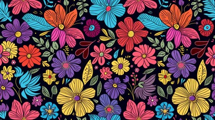 Wall Mural - Hand drawn colorful flowers  seamless pattern. Generative Ai