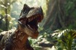 © Yuliia - Tyrannosaurus T-rex raptor portrait huge giant carnivorous predatory dinosaur roars open mouth sharp teeth hunting outdoors nature rainforest Jurassic jungle. Dinosaurs realistic prehistorical animal