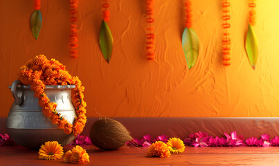 Wall Mural - Silver Kalash pot with orange flowers and leaves on the grunge orange background. Gudi Padwa festival in India. Marathi new year.