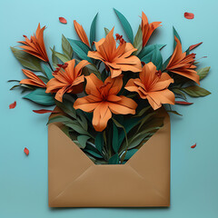 Wall Mural - a brown envelope is open with a bouquet of orange flo