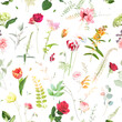 Summer garden greenery print with leaves and wildflowers. Spring tulips, hydrangea, wildflowers, herbs and plants