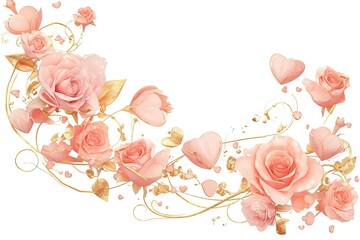 Wall Mural - elegant coral and gold hearts love line with floral isolated on white background