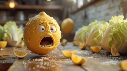 Wall Mural - a close up of an orange on a table with a bunch of lemons around it and an angry face.