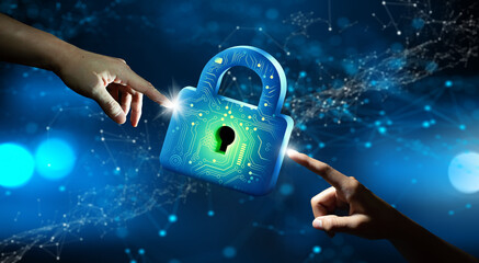 Wall Mural - businessmen hands pointing keyhole in data security. cyber data and information privacy. future tech
