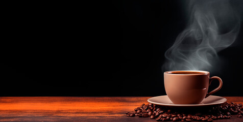 Wall Mural - Cup of hot coffee on dark wooden table over black background