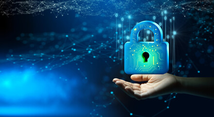 Wall Mural - businessman hand holding padlock with keyhole. cyber data and information privacy. future technology
