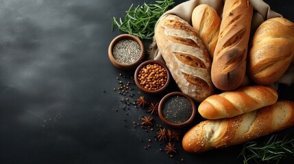 Wall Mural - a group of breads sitting on top of a table next to bowls of seeds and seasoning next to them.