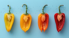 Three Peppers, One Yellow And One Red, Are Lined Up In A Row On A Blue Background With Seeds Scattered Around Them.