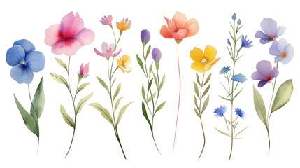 Wall Mural - Set of colorful flowers on a transparent background. Watercolor illustration. Clipart PNG