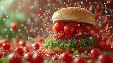 A Hamburger Covered In Tomatoes And Lettuce On Top Of A Pile Of Ketchup And Ketchup.