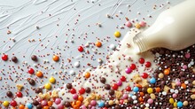 A Close Up Of A Milk Bottle Pouring Milk Over A Mixture Of Candy And Cereals On A White Surface.