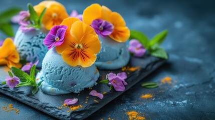 Canvas Print - a plate topped with ice cream covered in blue frosting and purple and yellow pansies on top of it.