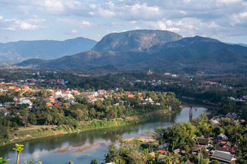 View of the countryside and the city of Luang Prabang from the top of Mount Phousi in Laos, Southeast Asia.