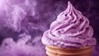 an ice cream cone with purple frosting and sprinkles on top of a purple smoke filled background.