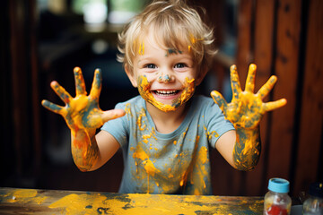 Portrait of a cheerful boy with hands and face stained with paint