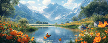 Mountain Lake With Flowers And Butterflies On A Sunny Summer Day, Panorama
