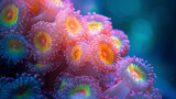 Fototapeta Do akwarium - Super macro view, explore abyssal gardens as colorful coral polyps bloom, creating underwater oases teeming with life beneath the ocean's surface