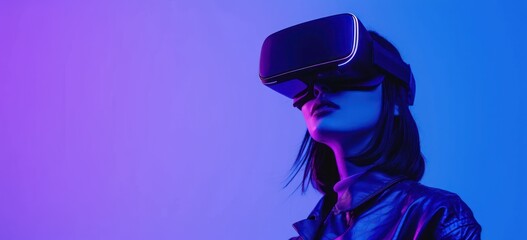 woman with virtual VR glasses in blue background