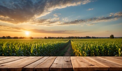 Empty wooden table with blurred corn field background . Product display , presentation ideas