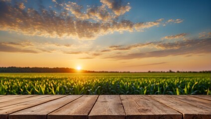 Empty wooden table with blurred corn field background . Product display , presentation ideas