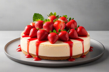 Wall Mural - Tasty cheesecake with strawberry on a Light grey stone background.