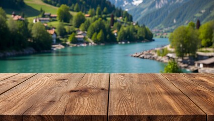 Empty wooden table with blurred lake background . Product display , presentation ideas