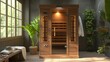In-home sauna with natural light and green plants.