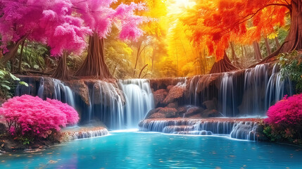 Wall Mural - A beautiful paradise land full of flowers,  sakura trees, rivers and waterfalls, a blooming and magical idyllic Eden garden