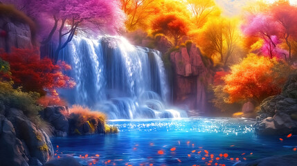 Wall Mural - Fantasy waterfall with autumn trees and beautiful flowers, idyllic landscape