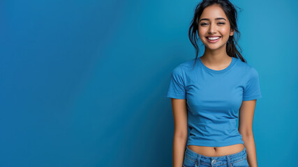 Indian woman wear blue t-shirt smile laugh out loud isolated