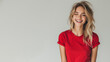 © Aris - Caucasian woman wear red t-shirt smile laugh out loud isolated