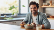 Healthy breakfast scene: Man enjoying nutritious meal in bright kitchen, conveying freshness, wellness, and positivity. Ideal for lifestyle and nutrition designs